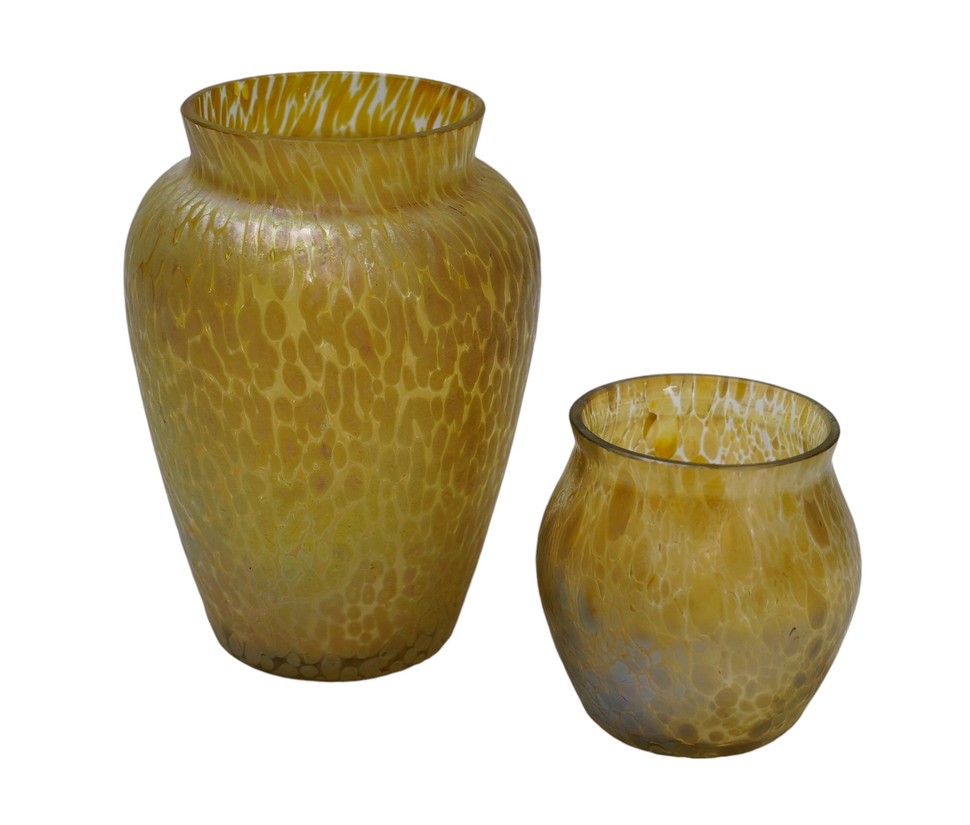 Two yellow Loetz style vases, tallest 13cm high. Condition - tallest has a small chip to top edge, the smaller good